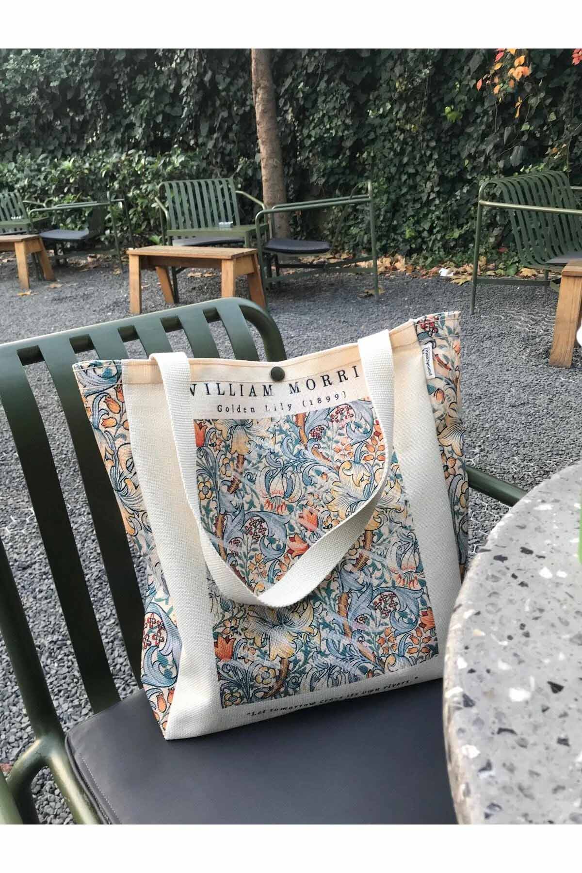 William Morris Kanvas Bez Çanta Yıkanabilir Metal Çıtçıtlı Cepli