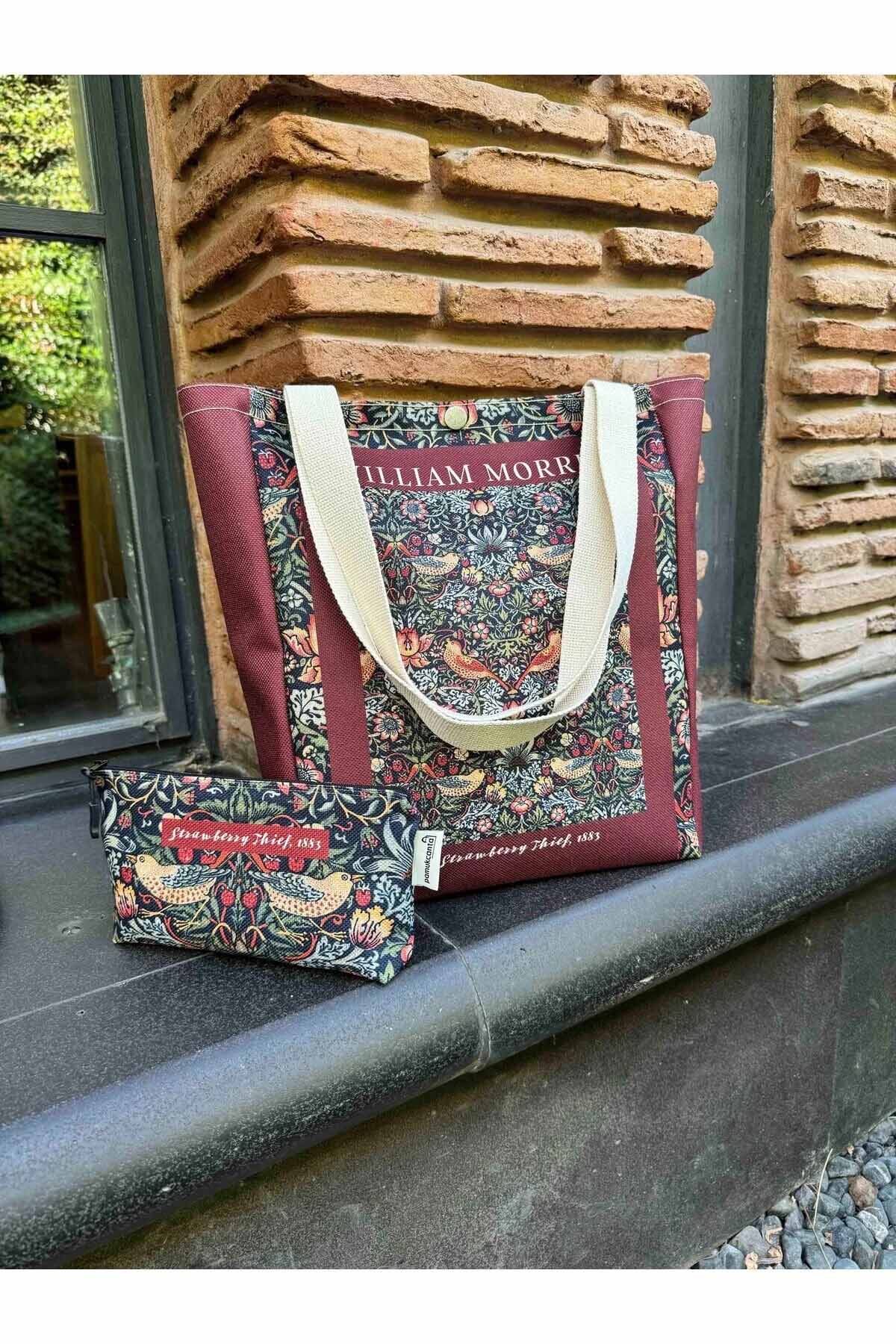 William Morris Kanvas Bez Çanta& Makyaj Çantası Yıkanabilir Metal Çıtçıtlı Cepli (2'li Set)