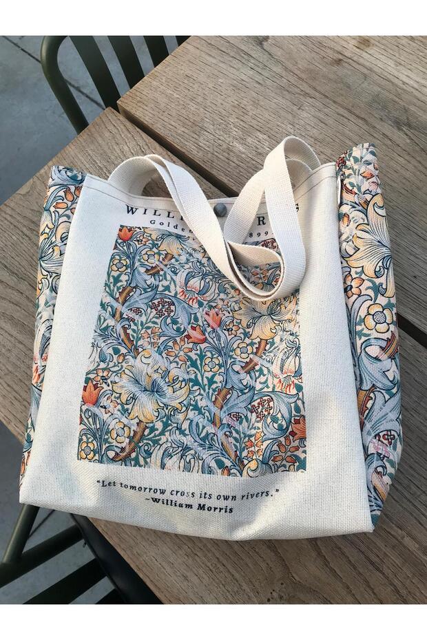 William Morris Kanvas Bez Çanta Yıkanabilir Metal Çıtçıtlı Cepli