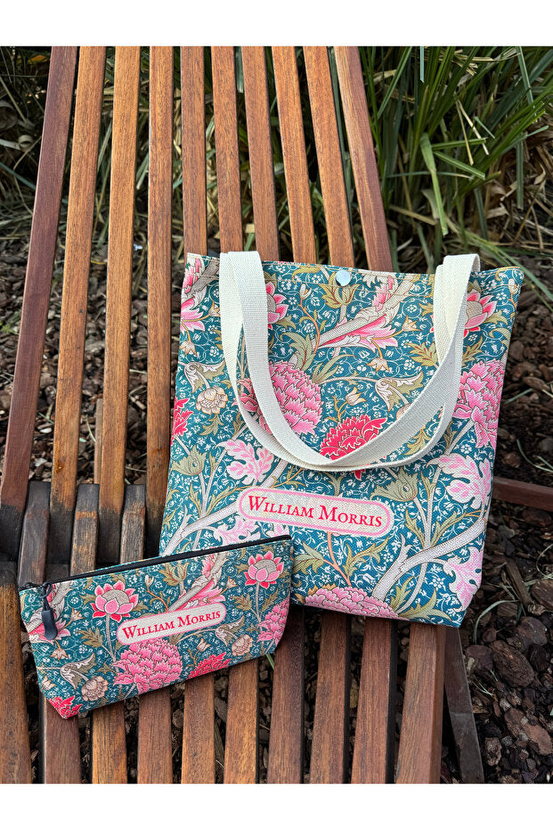 William Morris Kanvas Bez Çanta& Makyaj Çantası Yıkanabilir Metal Çıtçıtlı Cepli (2'li Set)