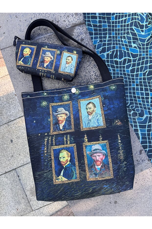 Vincent Van Gogh Kanvas Bez Çanta& Makyaj Çantası Yıkanabilir Metal Çıtçıtlı Cepli (2'li Set)
