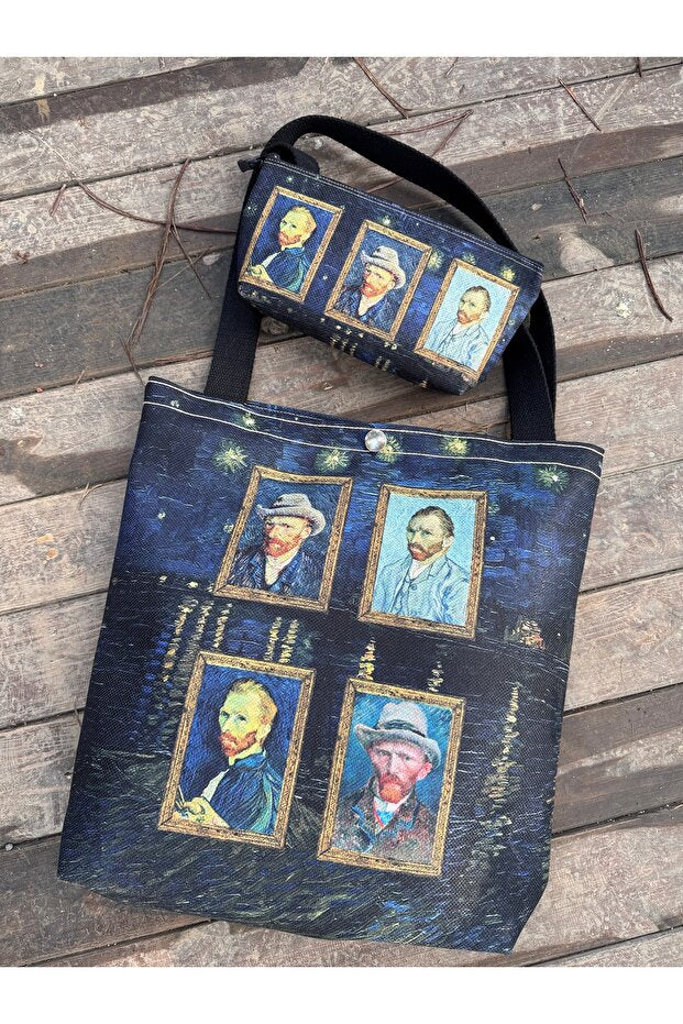 Vincent Van Gogh Kanvas Bez Çanta& Makyaj Çantası Yıkanabilir Metal Çıtçıtlı Cepli (2'li Set)
