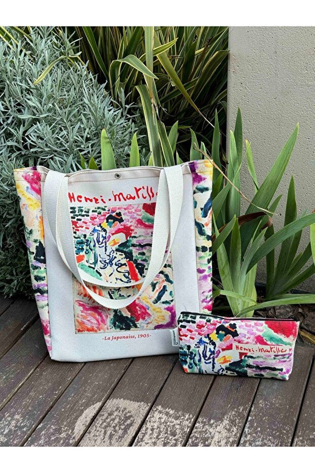 Henri Matisse Kanvas Bez Çanta & Makyaj Çantası, Kalemlik Yıkanabilir Metal Çıtçıtlı Cepli