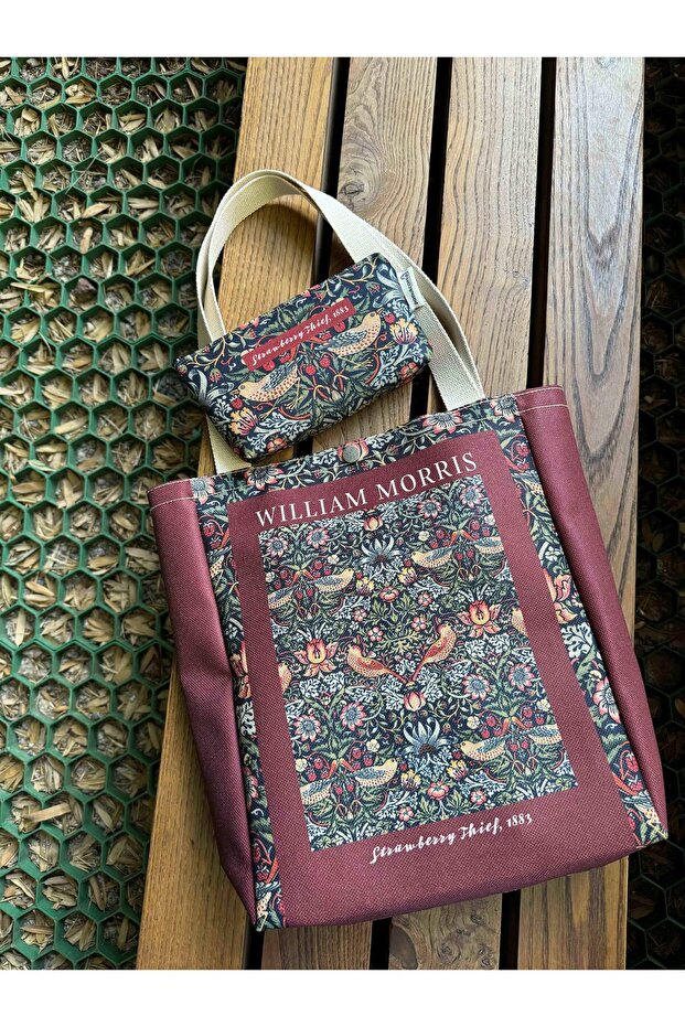 William Morris Kanvas Bez Çanta& Makyaj Çantası Yıkanabilir Metal Çıtçıtlı Cepli (2'li Set)