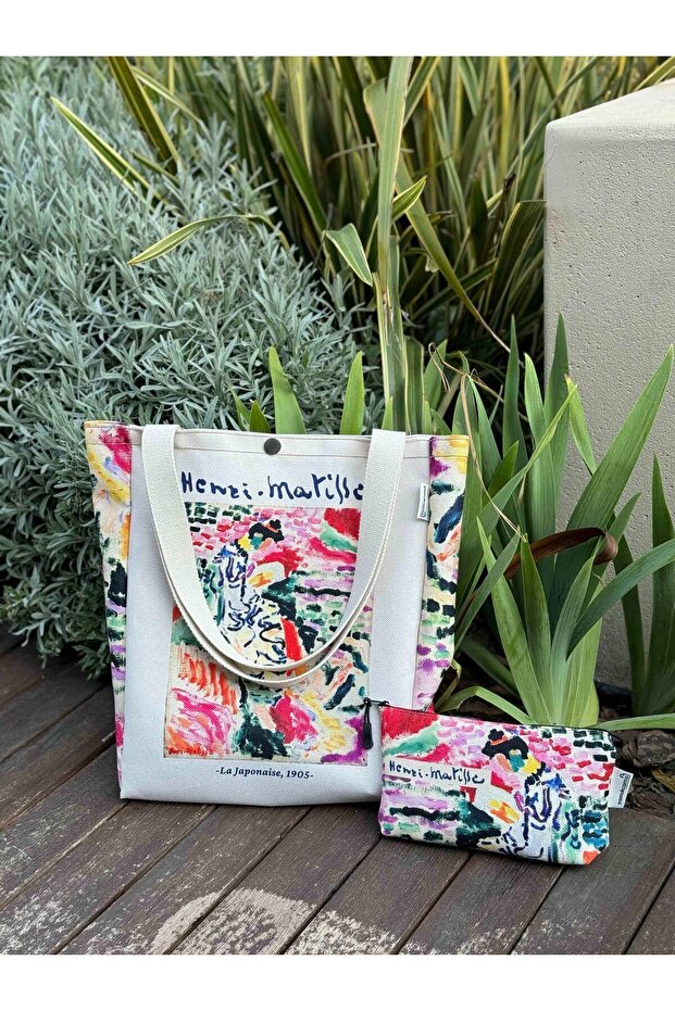 Henri Matisse Kanvas Bez Çanta & Makyaj Çantası, Kalemlik Yıkanabilir Metal Çıtçıtlı Cepli