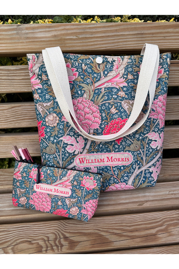William Morris Kanvas Bez Çanta& Makyaj Çantası Yıkanabilir Metal Çıtçıtlı Cepli (2'li Set)
