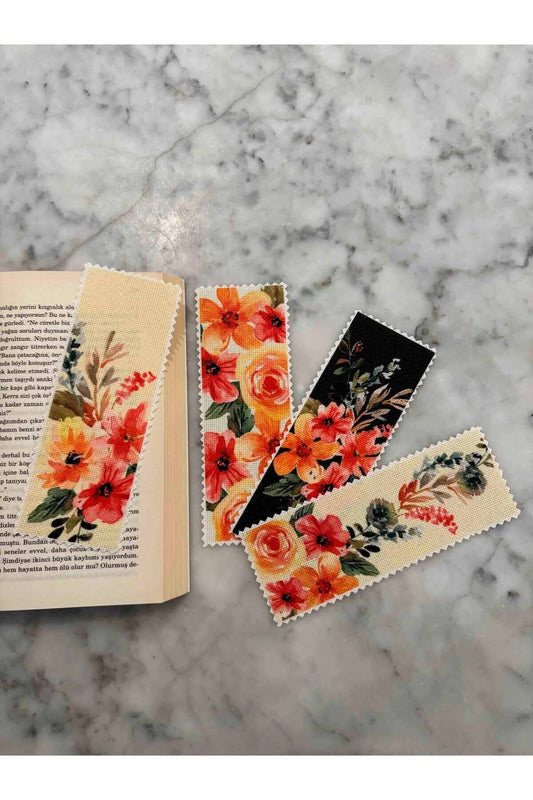 Çiçek Temalı Kanvas Kumaş Yıkanabilir Kitap Ayracı (4'LÜ)