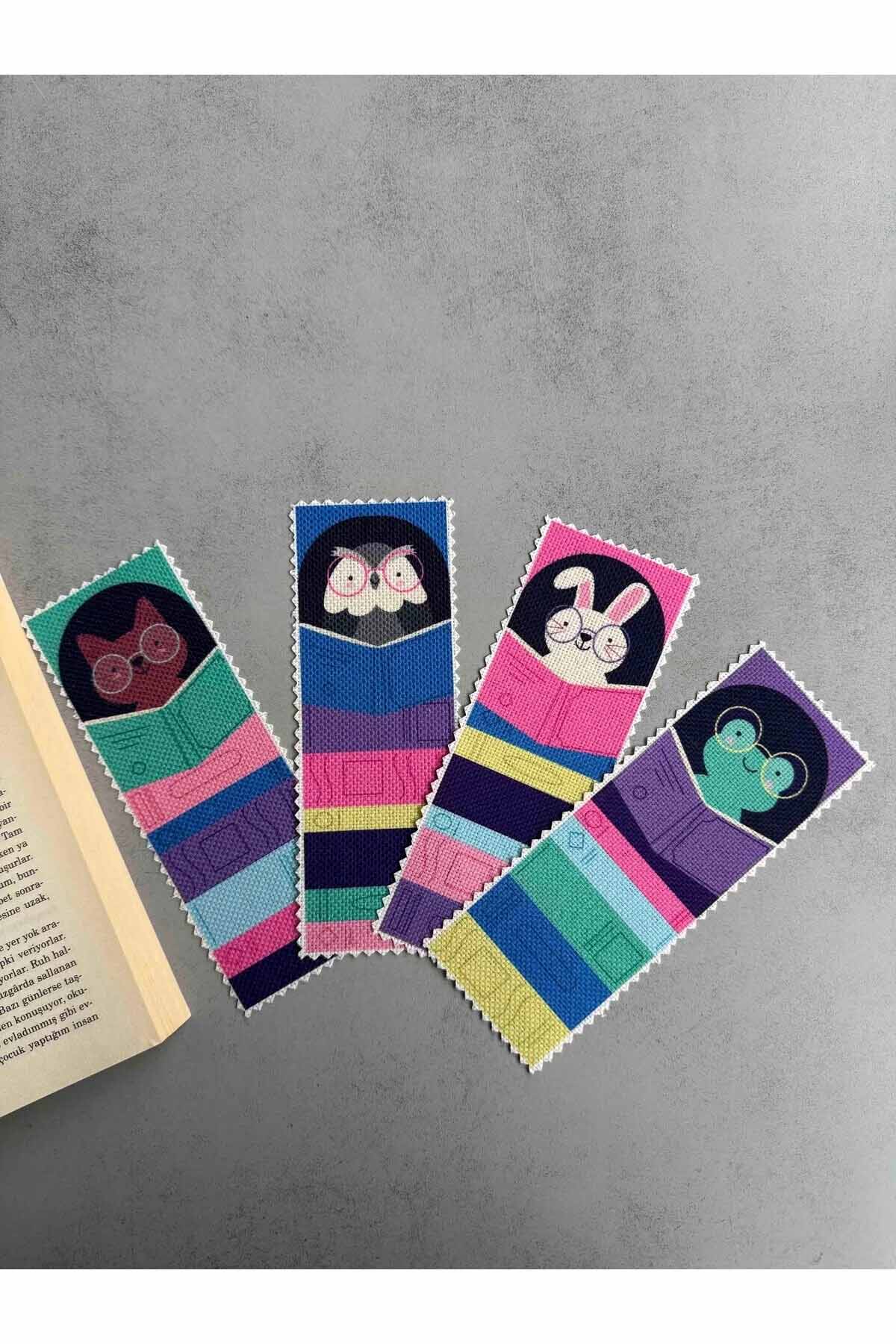 Sevimli Hayvanlar Kanvas Kumaş Kitap Ayracı (4'LÜ) Yıkanabilir