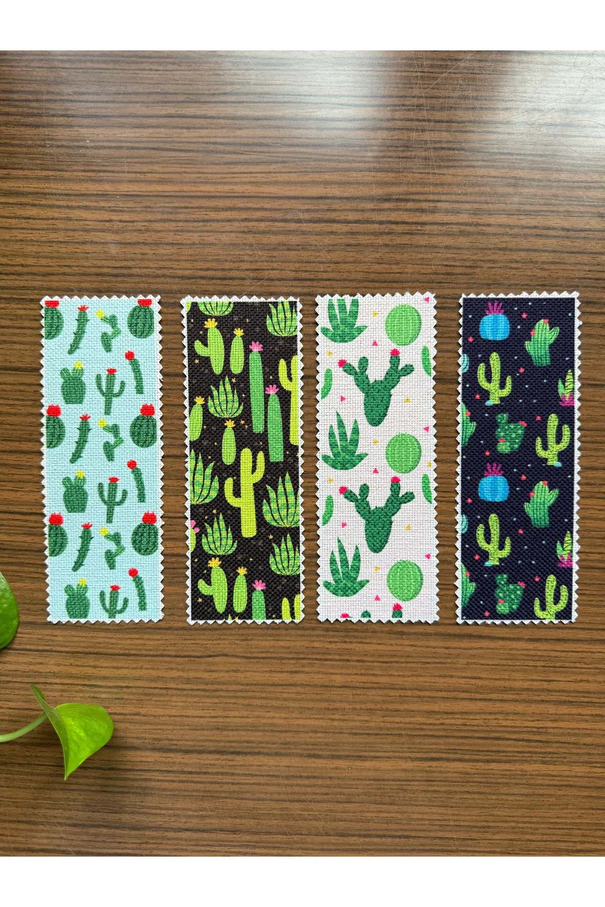 Kaktüs Desenli Kanvas Kumaş Kitap Ayracı (4'LÜ) Yıkanabilir
