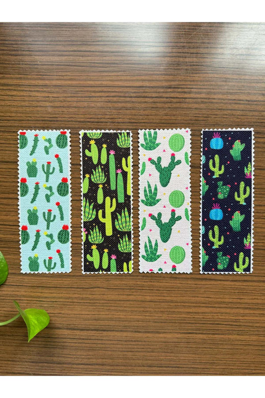 Kaktüs Desenli Kanvas Kumaş Kitap Ayracı (4'LÜ) Yıkanabilir