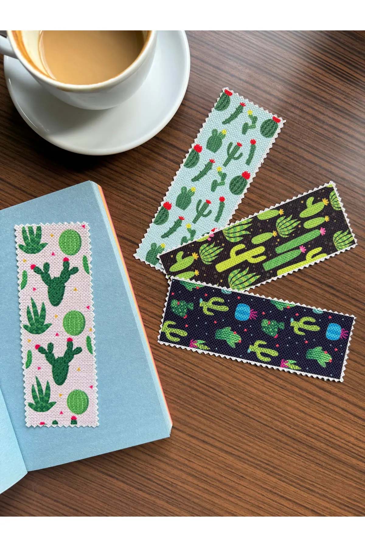 Kaktüs Desenli Kanvas Kumaş Kitap Ayracı (4'LÜ) Yıkanabilir