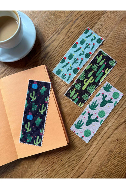 Kaktüs Desenli Kanvas Kumaş Kitap Ayracı (4'LÜ) Yıkanabilir