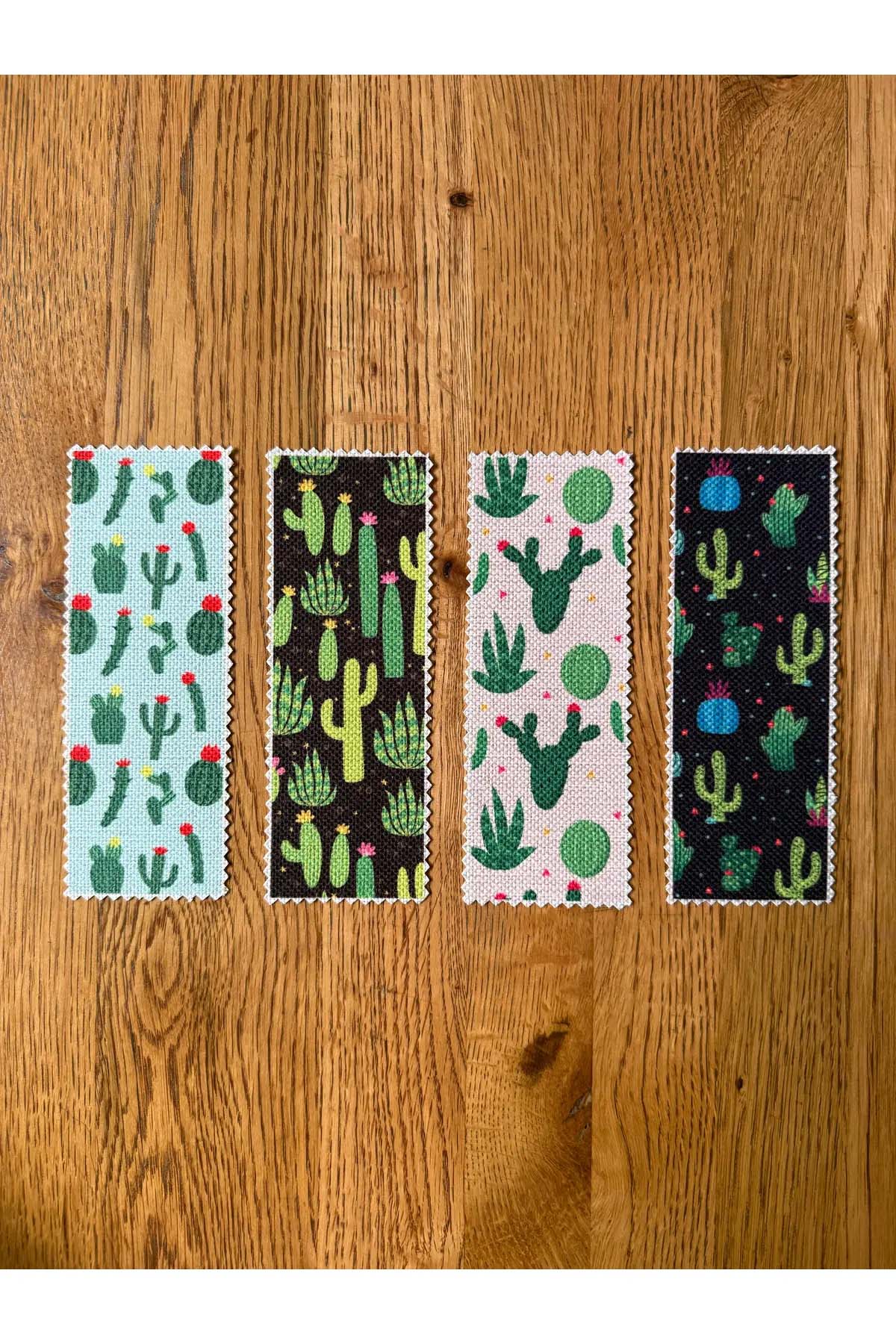 Kaktüs Desenli Kanvas Kumaş Kitap Ayracı (4'LÜ) Yıkanabilir