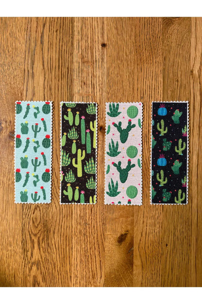 Kaktüs Desenli Kanvas Kumaş Kitap Ayracı (4'LÜ) Yıkanabilir