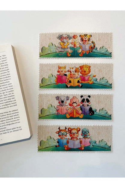 Sevimli Hayvanlar Kanvas Kumaş Kitap Ayracı (4'LÜ) Yıkanabilir