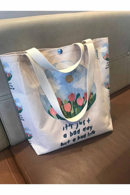 Yağlı Boya Tasarım Kanvas Bez Çanta Yıkanabilir Çıtçıtlı İçi Cepli