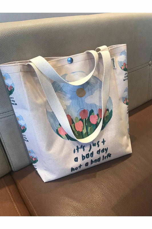 Yağlı Boya Tasarım Kanvas Bez Çanta Yıkanabilir Çıtçıtlı İçi Cepli