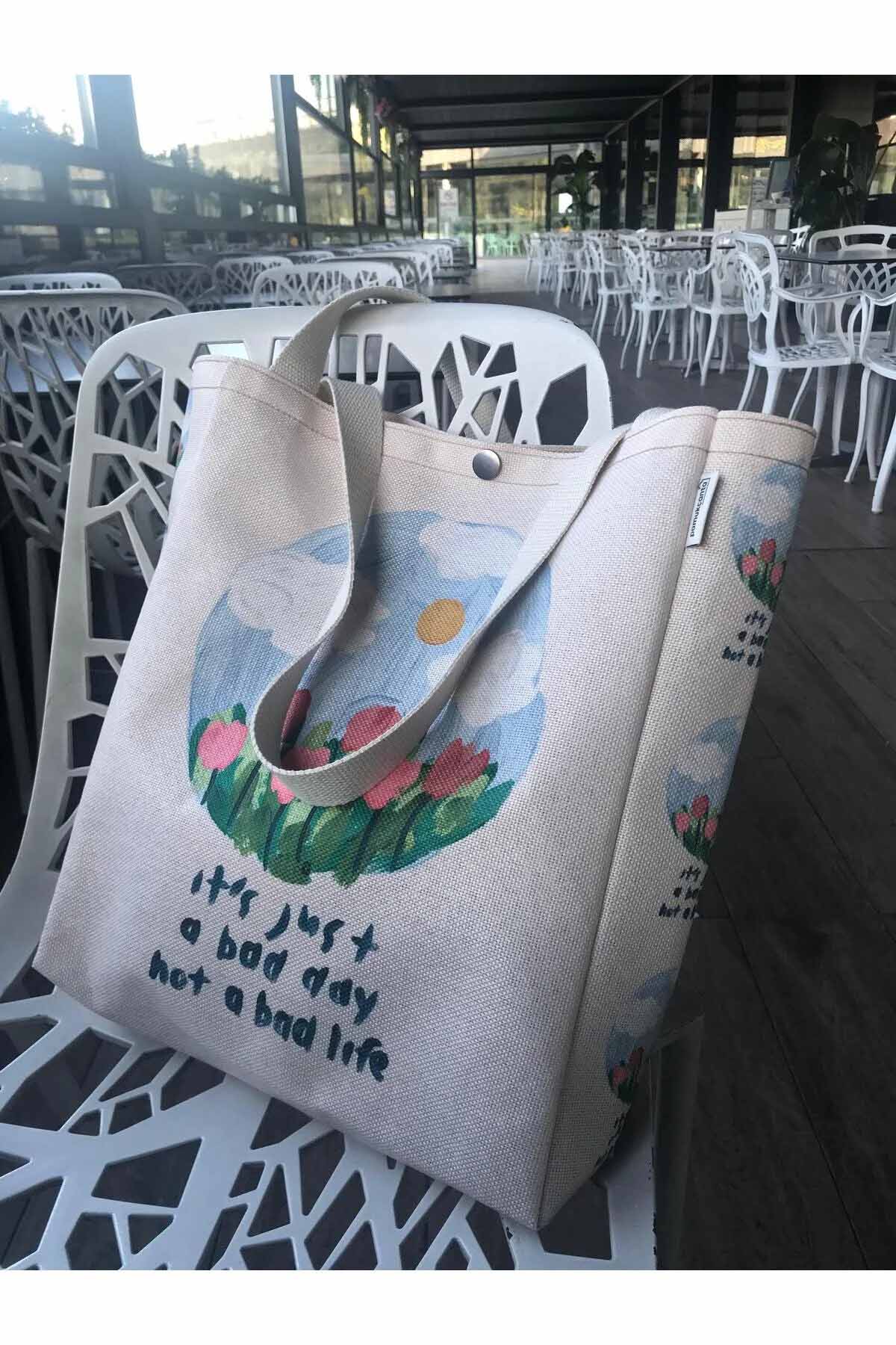 Yağlı Boya Tasarım Kanvas Bez Çanta Yıkanabilir Çıtçıtlı İçi Cepli