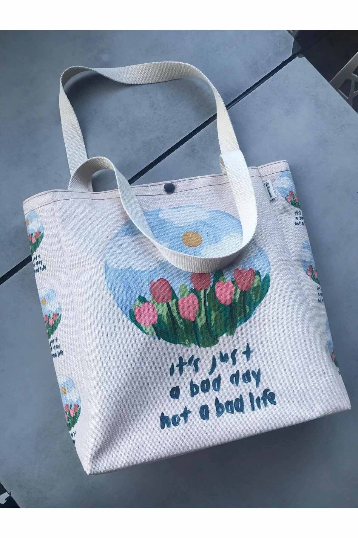 Yağlı Boya Tasarım Kanvas Bez Çanta Yıkanabilir Çıtçıtlı İçi Cepli