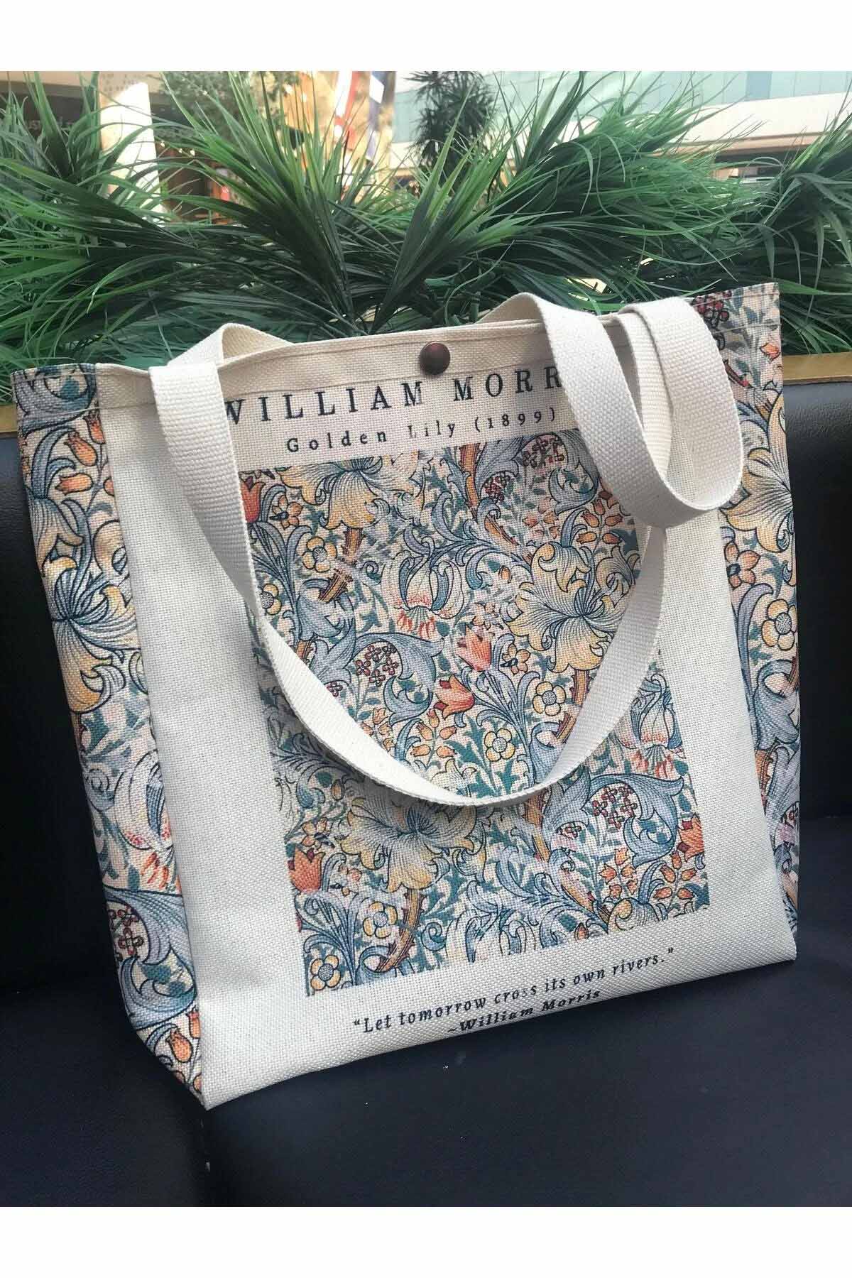 William Morris Kanvas Bez Çanta Yıkanabilir Metal Çıtçıtlı Cepli