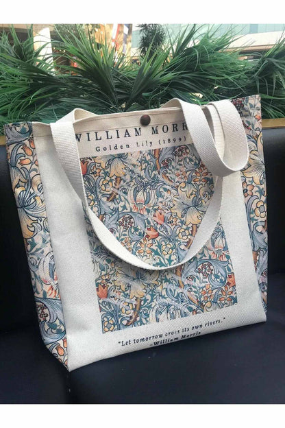 William Morris Kanvas Bez Çanta Yıkanabilir Metal Çıtçıtlı Cepli