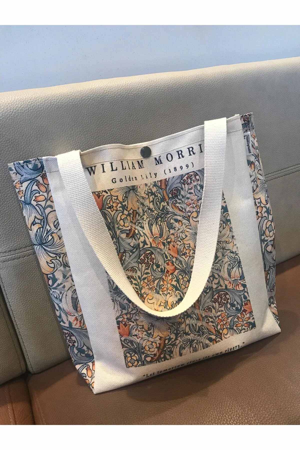 William Morris Kanvas Bez Çanta Yıkanabilir Metal Çıtçıtlı Cepli