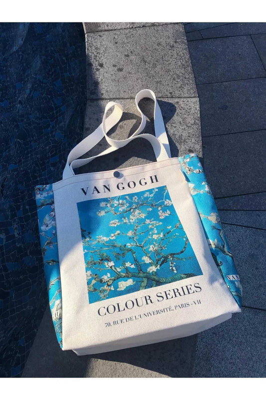 Van Gogh Badem Çiçeği Kanvas Bez Çanta Yıkanabilir Çıtçıtlı Cepli