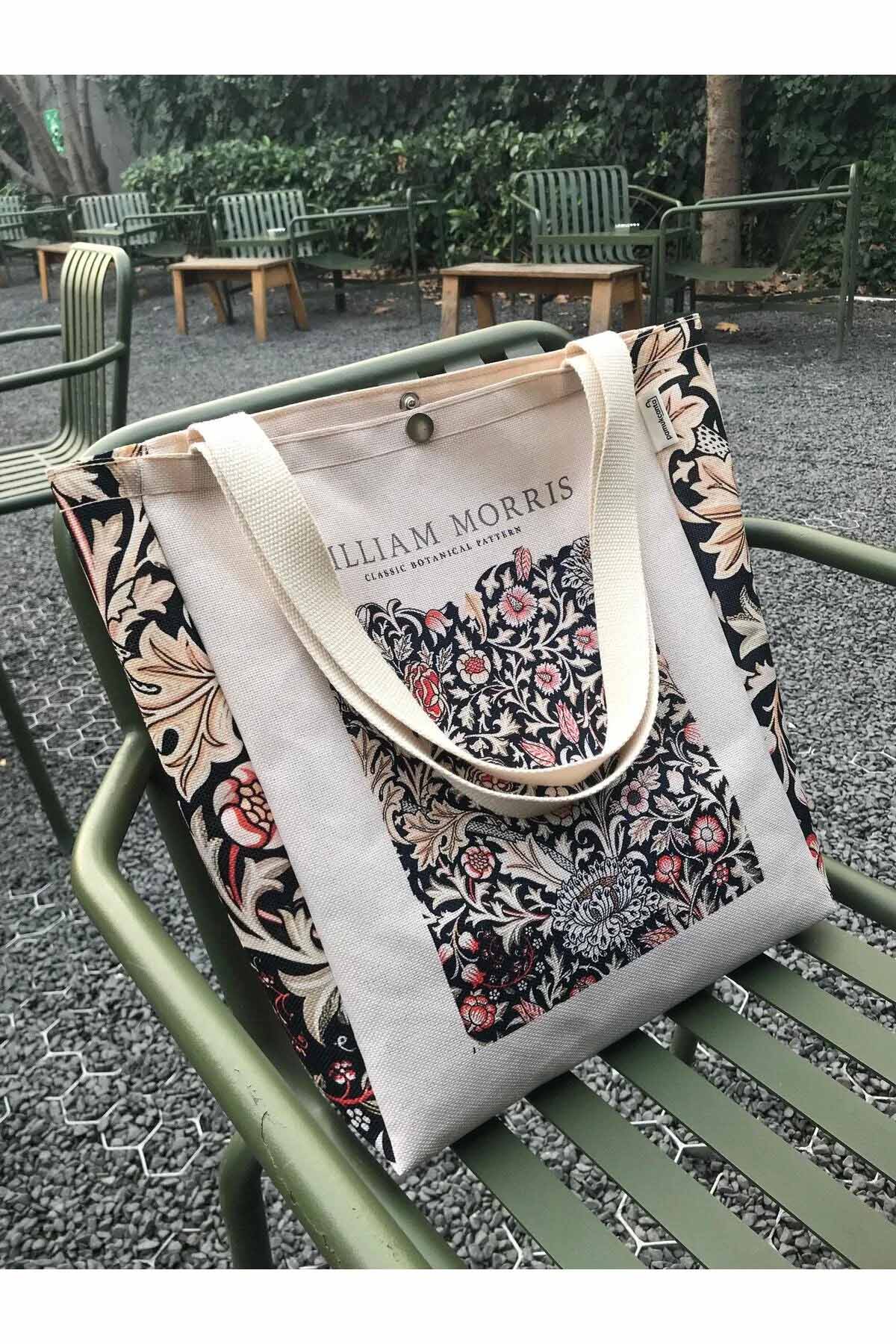 William Morris Kanvas Bez Çanta Yıkanabilir Metal Çıtçıtlı Cepli