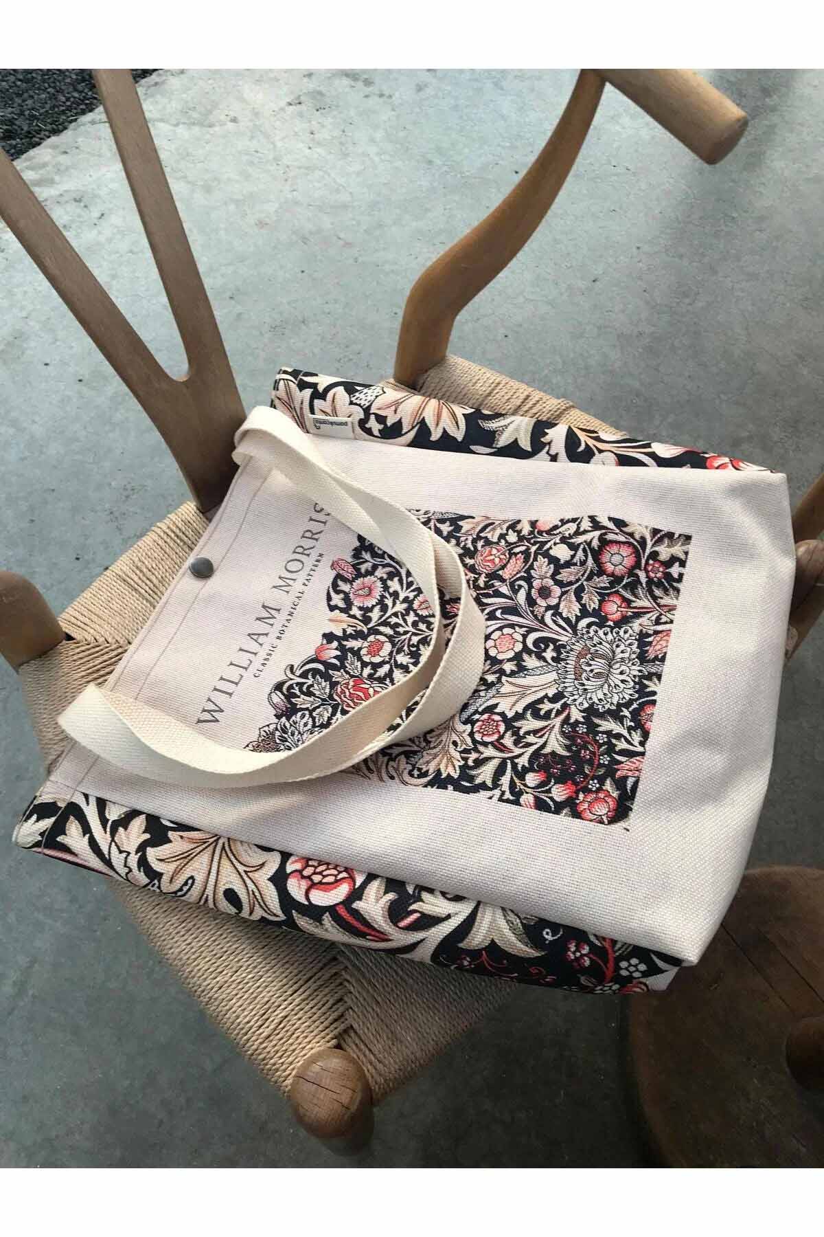 William Morris Kanvas Bez Çanta Yıkanabilir Metal Çıtçıtlı Cepli