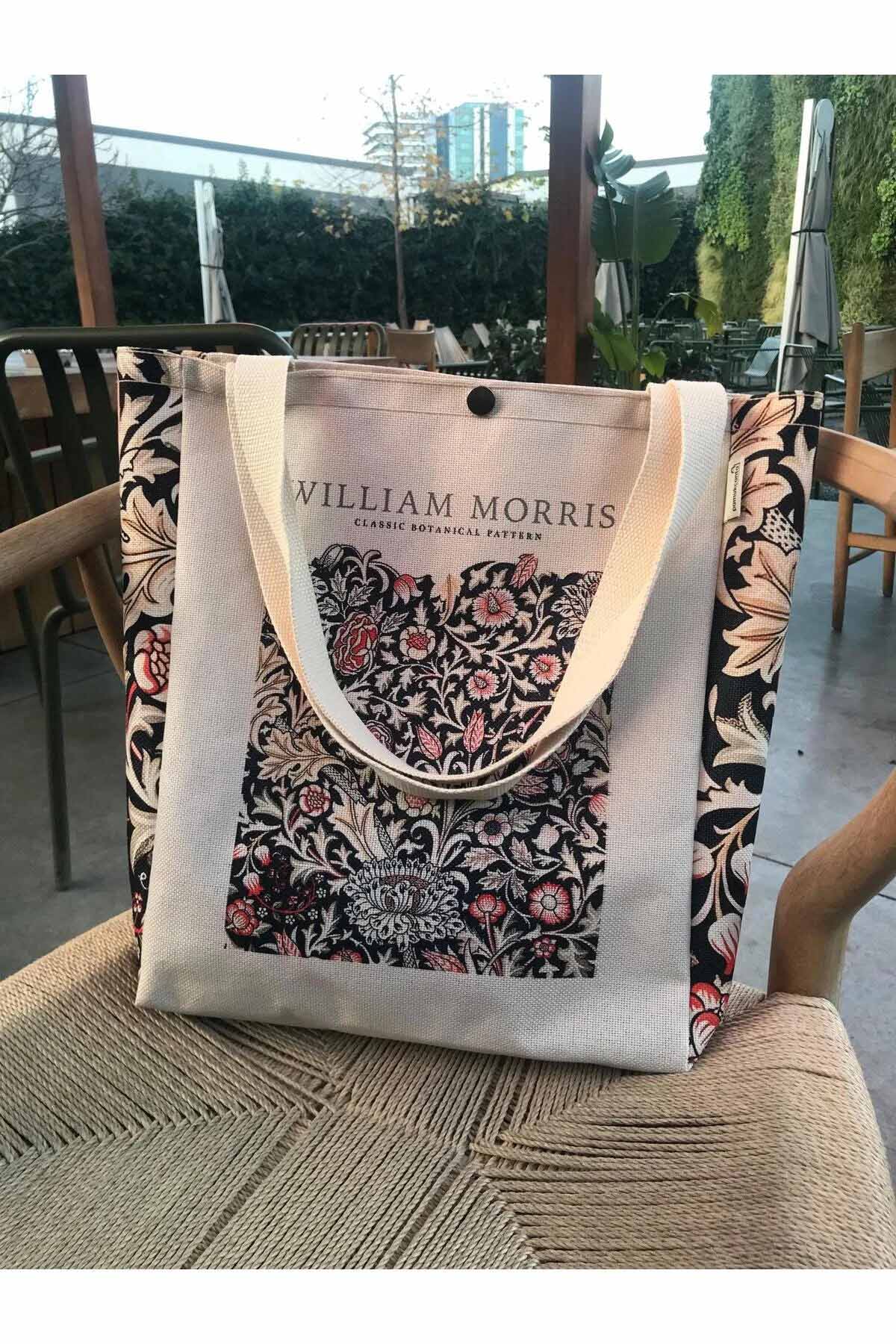 William Morris Kanvas Bez Çanta Yıkanabilir Metal Çıtçıtlı Cepli