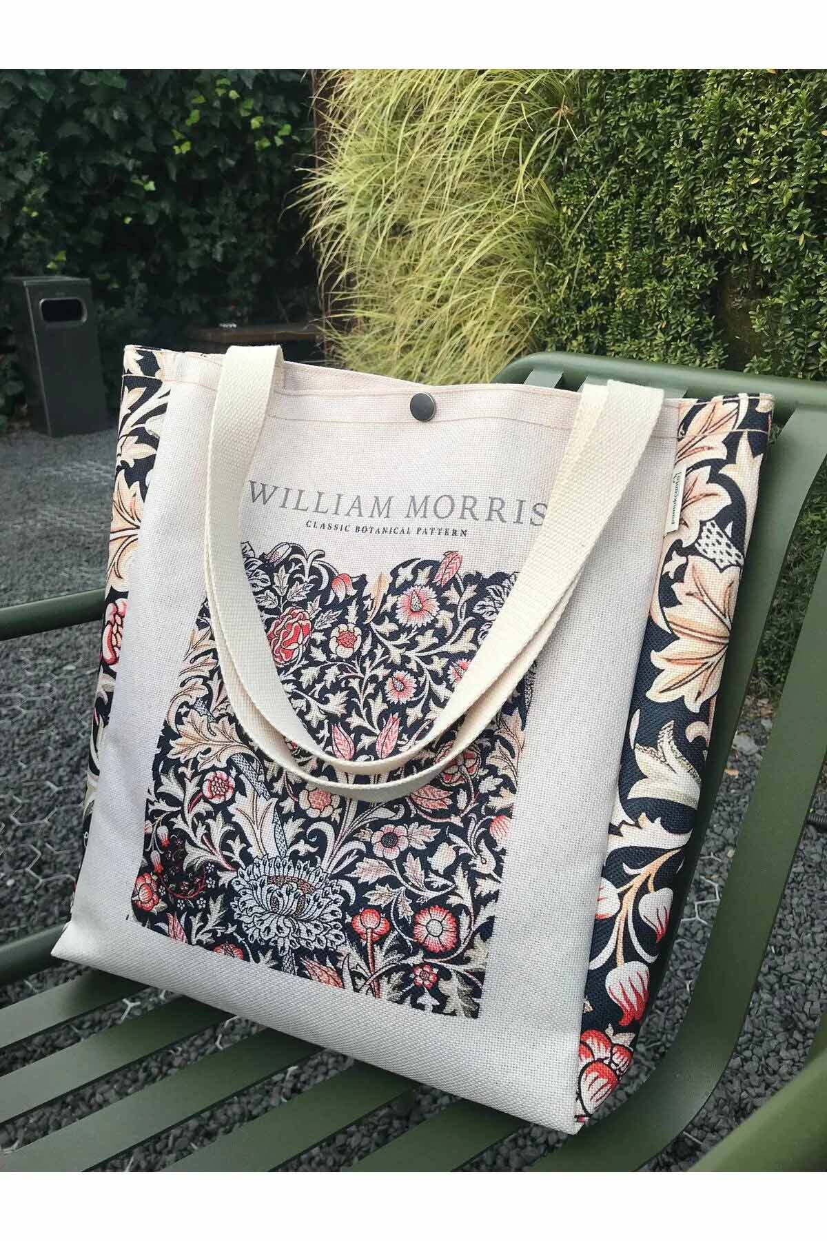 William Morris Kanvas Bez Çanta Yıkanabilir Metal Çıtçıtlı Cepli