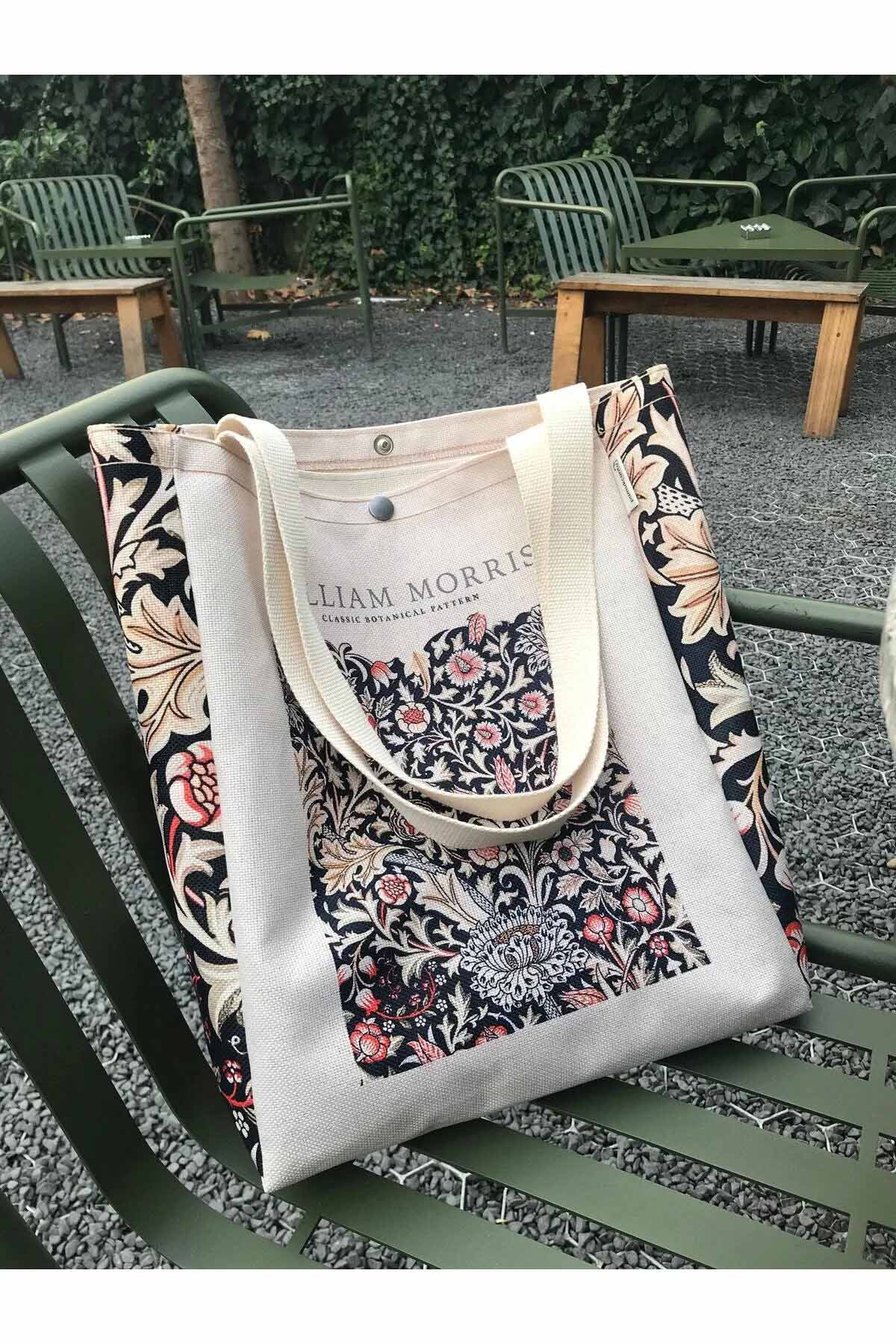 William Morris Kanvas Bez Çanta Yıkanabilir Metal Çıtçıtlı Cepli