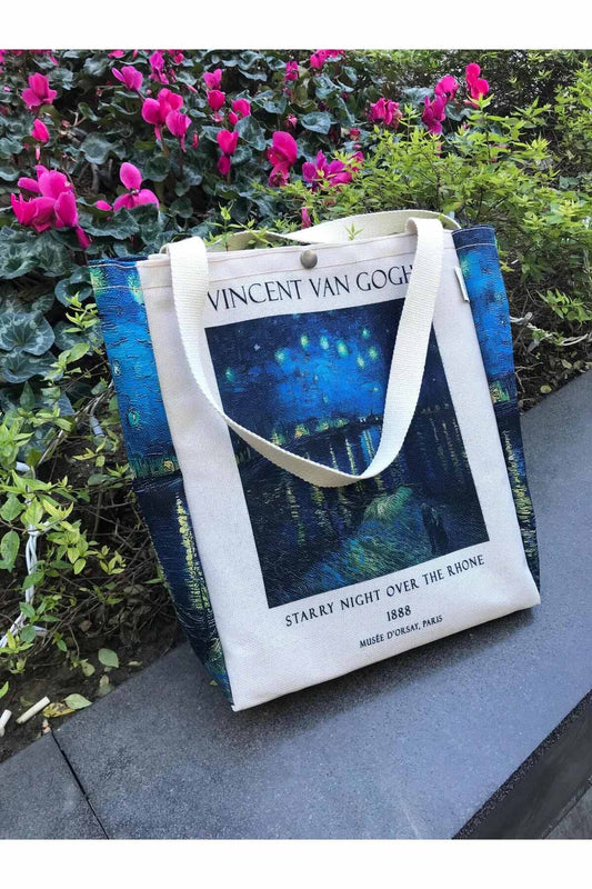 Van Gogh Kanvas Bez Çanta Yıkanabilir Çıtçıtlı Cepli
