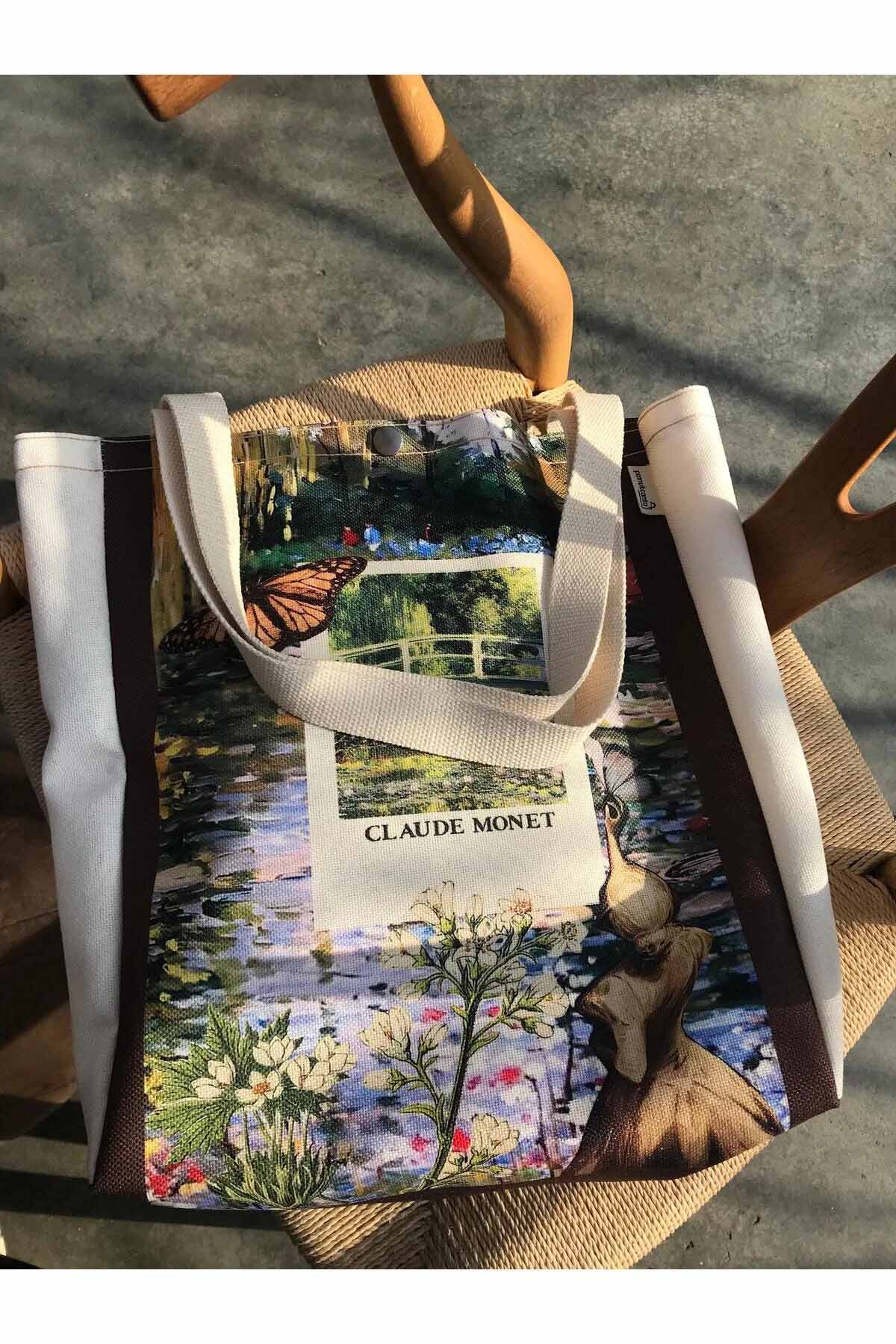 Claude Monet Bez Çanta Yıkanabilir Metal Çıtçıtlı Kanvas Kumaş