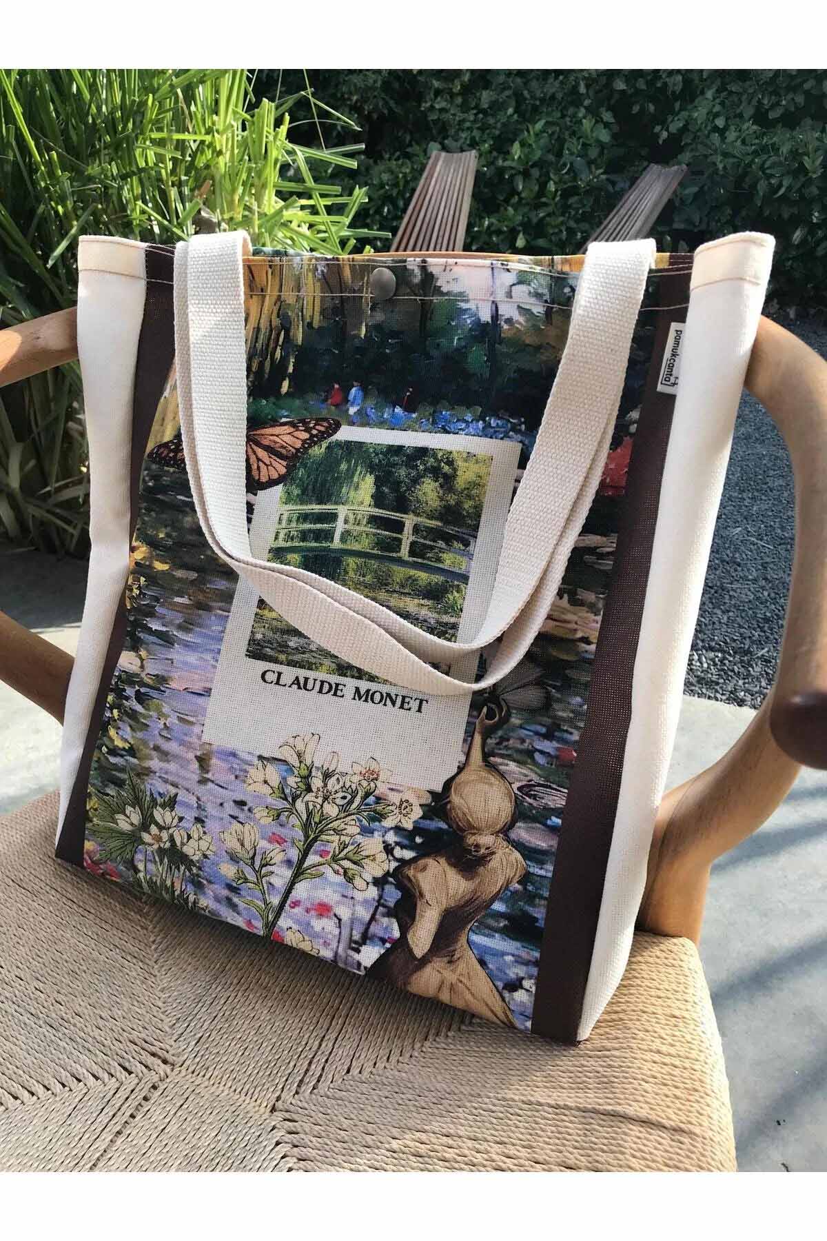 Claude Monet Bez Çanta Yıkanabilir Metal Çıtçıtlı Kanvas Kumaş