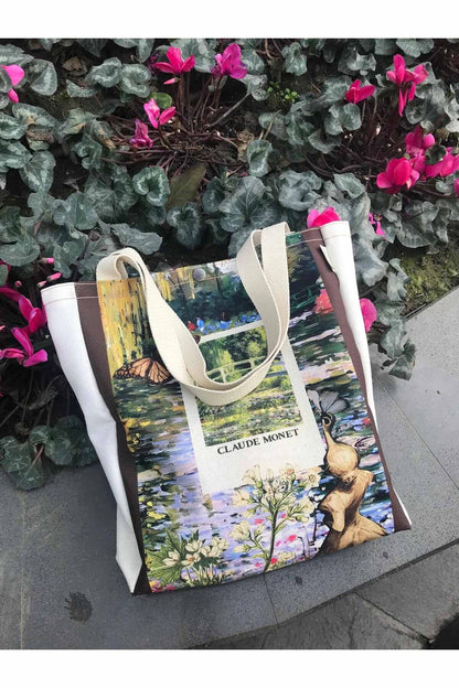 Claude Monet Bez Çanta Yıkanabilir Metal Çıtçıtlı Kanvas Kumaş