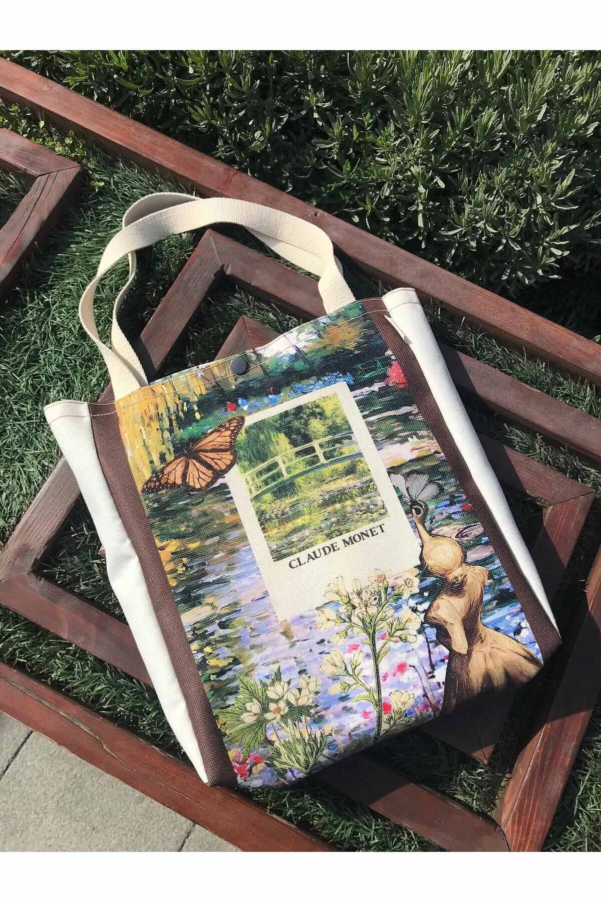 Claude Monet Bez Çanta Yıkanabilir Metal Çıtçıtlı Kanvas Kumaş