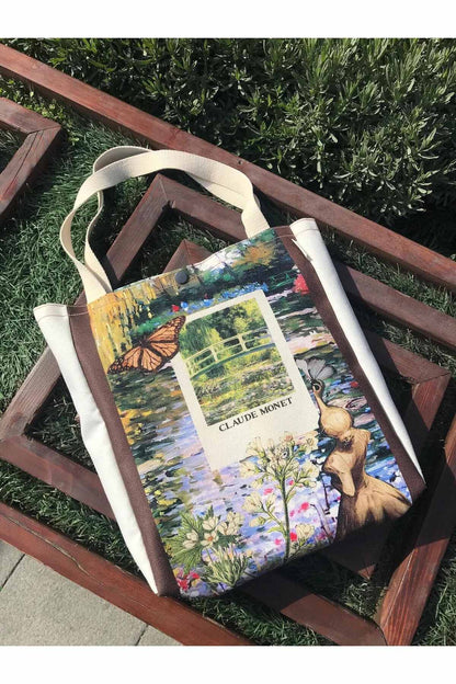 Claude Monet Bez Çanta Yıkanabilir Metal Çıtçıtlı Kanvas Kumaş