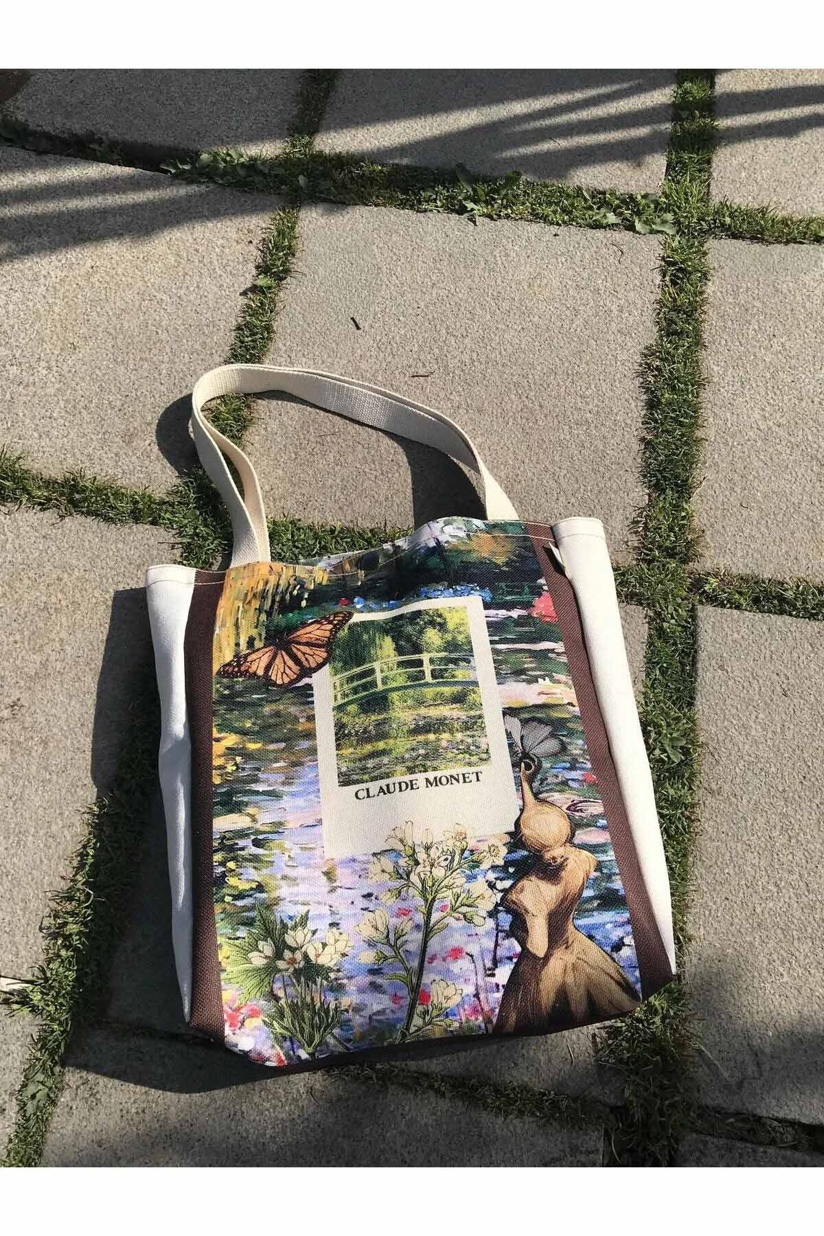 Claude Monet Bez Çanta Yıkanabilir Metal Çıtçıtlı Kanvas Kumaş
