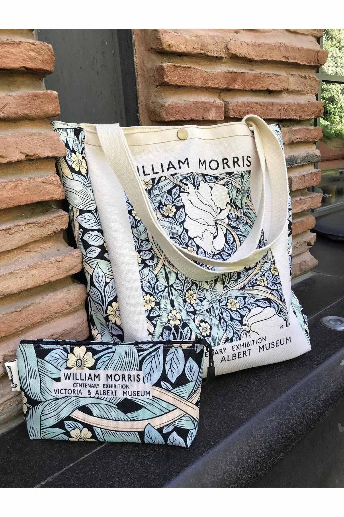 William Morris Kanvas Bez Çanta& Makyaj Çantası Yıkanabilir Metal Çıtçıtlı Cepli