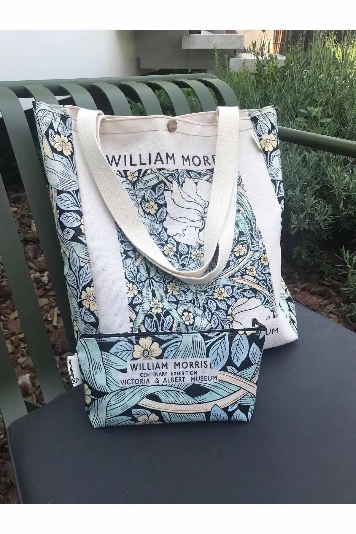 William Morris Kanvas Bez Çanta& Makyaj Çantası Yıkanabilir Metal Çıtçıtlı Cepli