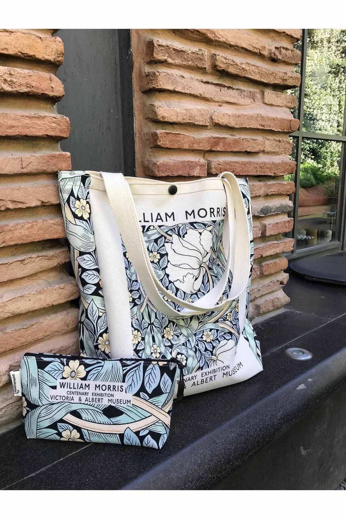 William Morris Kanvas Bez Çanta& Makyaj Çantası Yıkanabilir Metal Çıtçıtlı Cepli