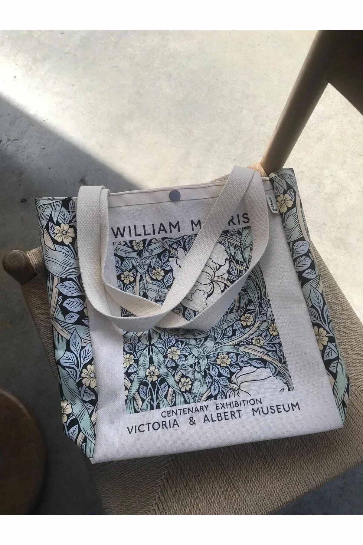 William Morris Kanvas Bez Çanta Yıkanabilir Metal Çıtçıtlı Cepli