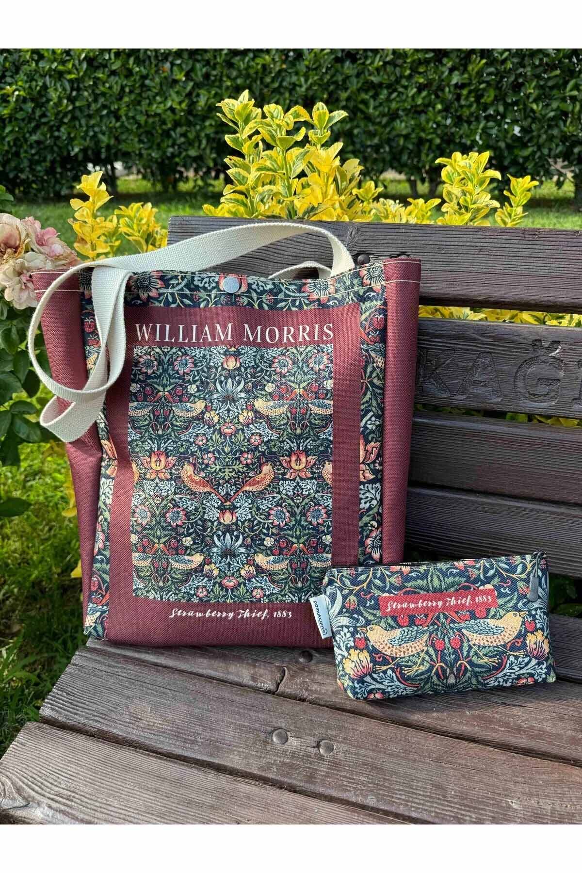 William Morris Kanvas Bez Çanta& Makyaj Çantası Yıkanabilir Metal Çıtçıtlı Cepli (2'li Set)