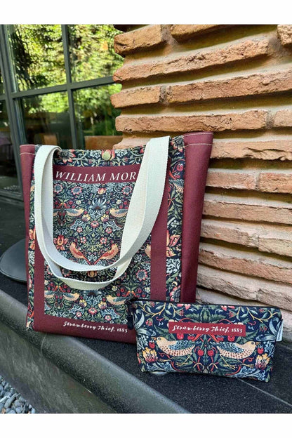 William Morris Kanvas Bez Çanta& Makyaj Çantası Yıkanabilir Metal Çıtçıtlı Cepli (2'li Set)