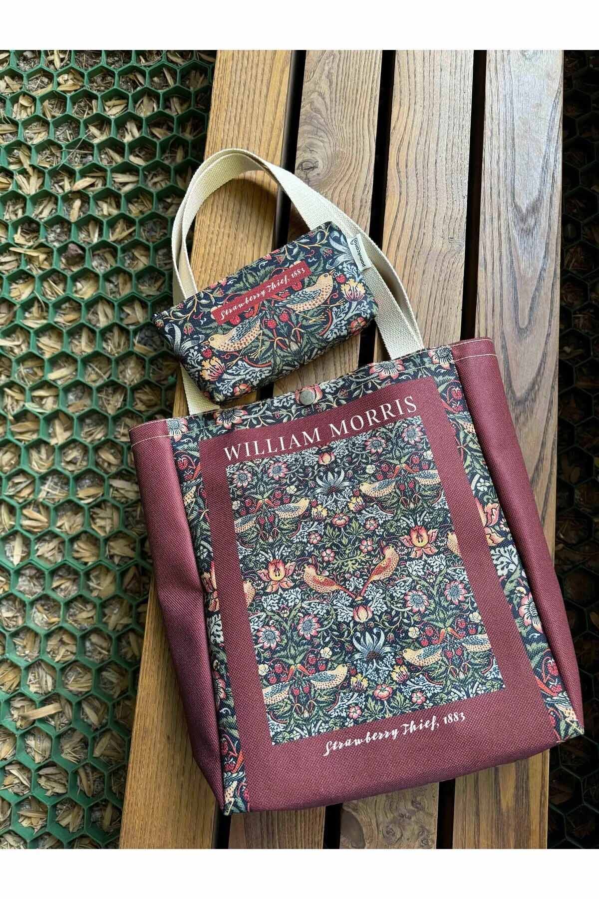 William Morris Kanvas Bez Çanta& Makyaj Çantası Yıkanabilir Metal Çıtçıtlı Cepli (2'li Set)