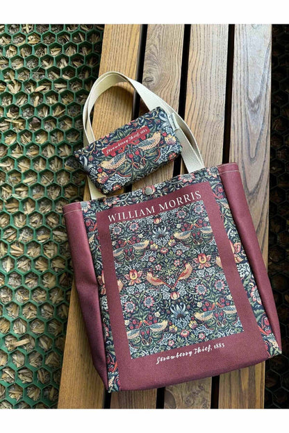 William Morris Kanvas Bez Çanta& Makyaj Çantası Yıkanabilir Metal Çıtçıtlı Cepli (2'li Set)