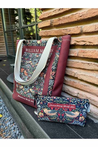 William Morris Kanvas Bez Çanta& Makyaj Çantası Yıkanabilir Metal Çıtçıtlı Cepli (2'li Set)