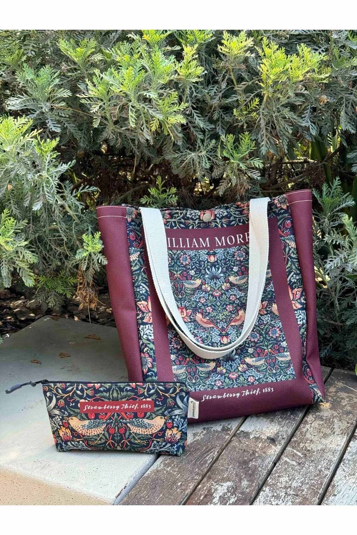 William Morris Kanvas Bez Çanta& Makyaj Çantası Yıkanabilir Metal Çıtçıtlı Cepli (2'li Set)