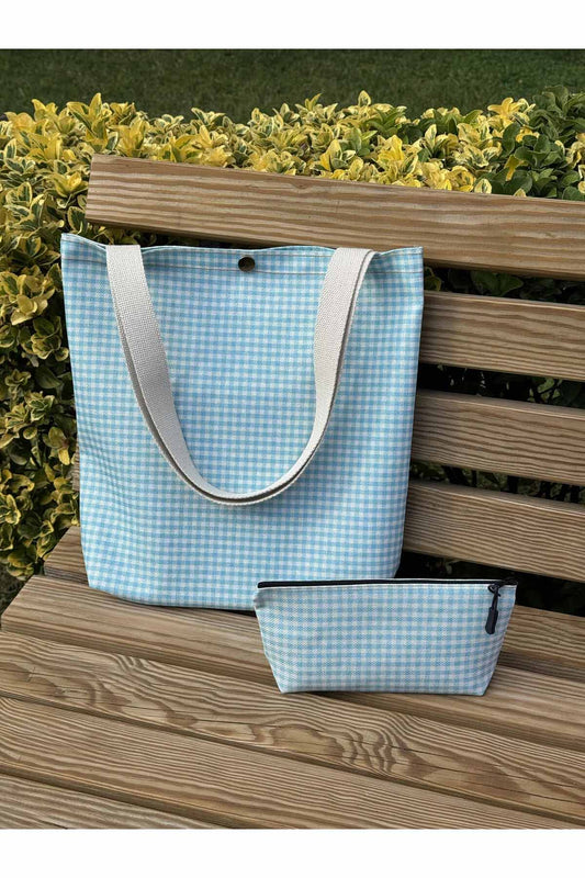 Mavi Pötikare Kanvas Bez Çanta& Makyaj Çantası Yıkanabilir Metal Çıtçıtlı Cepli (2'li Set)